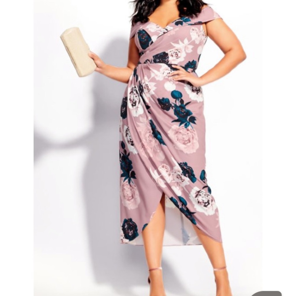 Mauve & Teal floral off shoulder dress